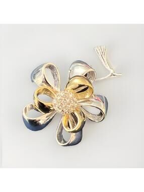 VINTAGE BROOCH SILVER & GOLD TONE KENNETH COLE PIN 2" RHINESTONE BOW